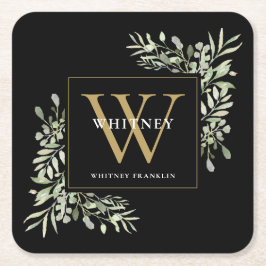 Porta-copo De Papel Quadrado Ouro Preto Monograma Elegante Modernidade Verde