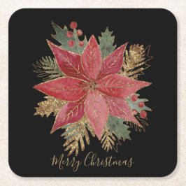 Porta-copo De Papel Quadrado Ouro Vermelho Poinsettia Flor Feliz Natal