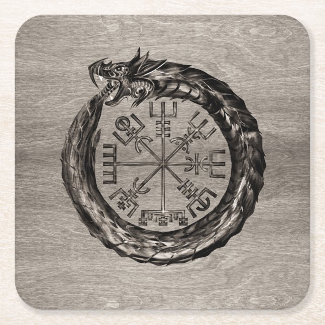 Porta-copo De Papel Quadrado Ouroboros com Vegvisir (Frente)