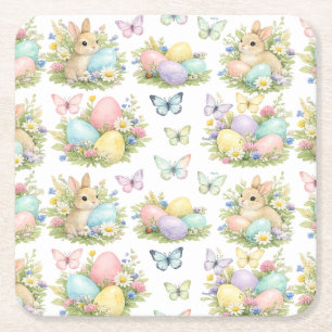 Porta-copo De Papel Quadrado Ovos e Coelhinhos de Páscoa em Pastel Flores e Bor