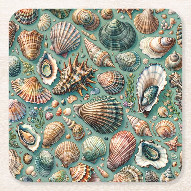 Porta-copo De Papel Quadrado Oyster Clam Scallop Mussel Seashell (Frente)