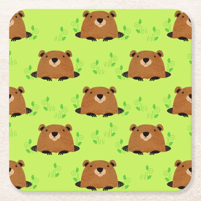 Porta-copo De Papel Quadrado Padrão Adorável de Groundhog Woodland (Frente)