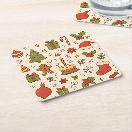 Porta-copo De Papel Quadrado Padrão Alegre de Doodle de Natal