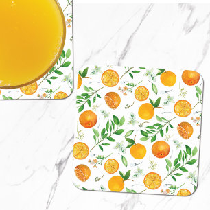 Porta-copo De Papel Quadrado Padrão Botânico Floral de Verão Citrino Laranja