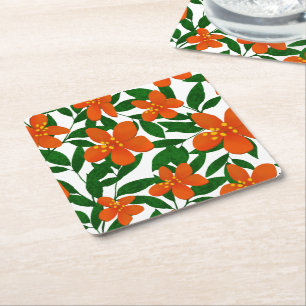 Porta-copo De Papel Quadrado Padrão Botânico Verde Floral Laranja Vermelho