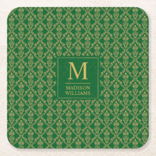 Porta-copo De Papel Quadrado Padrão Damask Seamless Verde Esmeralda e Dourado