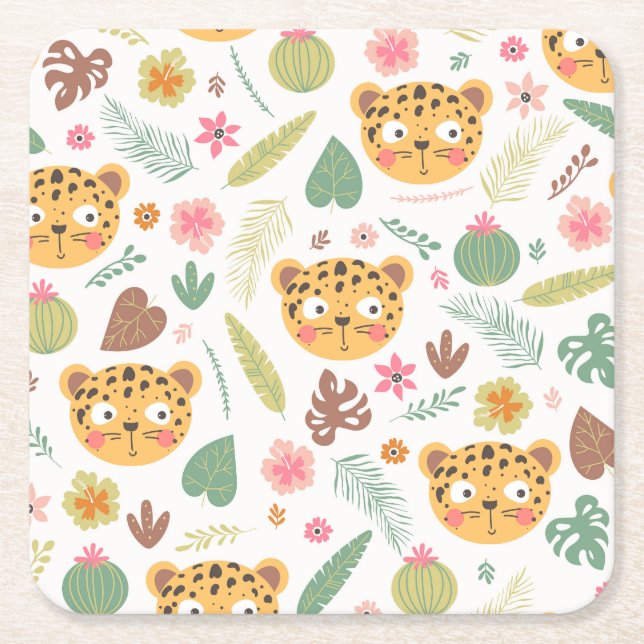 Porta-copo De Papel Quadrado Padrão das plantas tropicais da cabeça-leopardo (Frente)