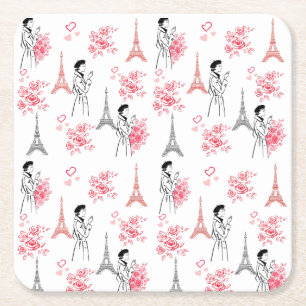 Porta-copo De Papel Quadrado Padrão de Amor de Paris – Torre Eiffel & Rosas Sea