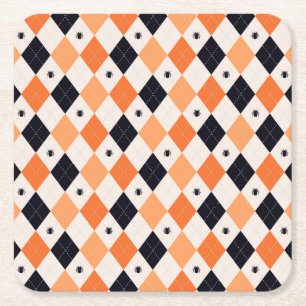 Porta-copo De Papel Quadrado Padrão de Argyle de Aranha Negra e Laranja do Hall