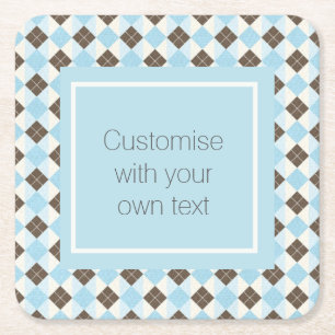 Porta-copo De Papel Quadrado Padrão de Argyle de Texto Personalizado Azul e Mar