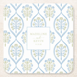 Porta-copo De Papel Quadrado Padrão de casamento floral azul e verde sob medida