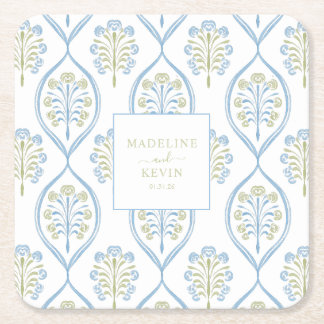 Porta-copo De Papel Quadrado Padrão de casamento floral azul e verde sob medida