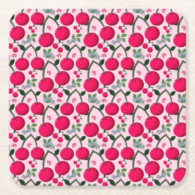 Porta-copo De Papel Quadrado Padrão de Cereja Fofa, Fruta Kawaii Brilhante (Frente)