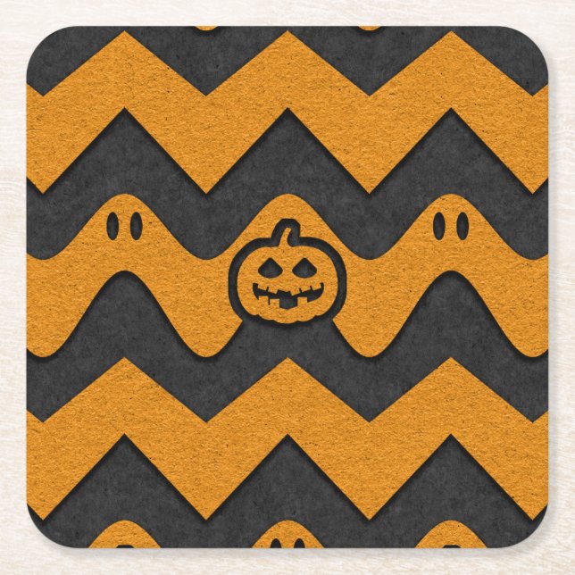 Porta-copo De Papel Quadrado Padrão de Chevron Halloween com Fantasmas e Pumpki (Frente)