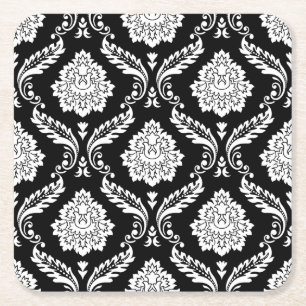 Porta-copo De Papel Quadrado Padrão de Damasco Rococó Branco no Preto