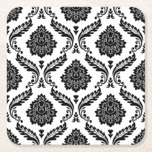 Porta-copo De Papel Quadrado Padrão de Damasco Rococó Preto no Branco