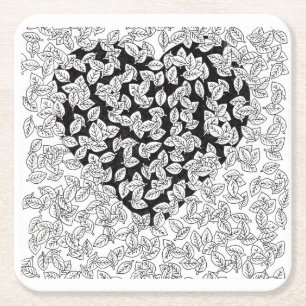 Porta-copo De Papel Quadrado Padrão de Desenho de Folhas de Coração Preto Abstr