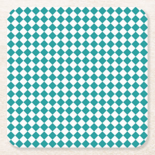 Porta-copo De Papel Quadrado Padrão de diamante xadrez branco azul-esverdeado