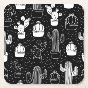 Porta-copo De Papel Quadrado Padrão de Doodle do Cactus Preto e Branco