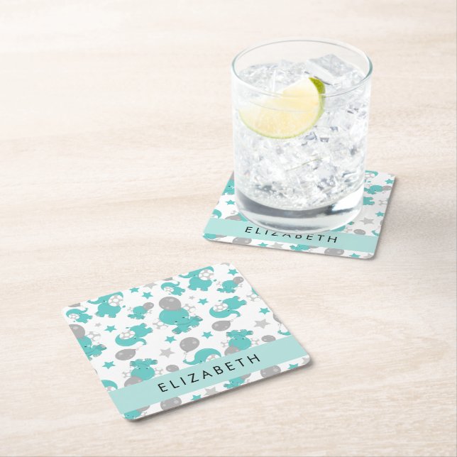 Porta-copo De Papel Quadrado Padrão De Elefantes Azuis, Estrelas, Seu Nome (Insitu)