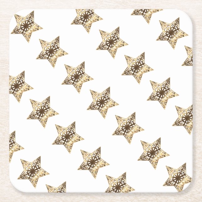 Porta-copo De Papel Quadrado Padrão de Estrelas de Natal Elegante Dourada (Frente)