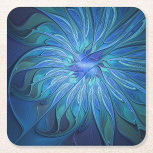 Porta-copo De Papel Quadrado Padrão de fantasia de flores azuis, arte frontal A