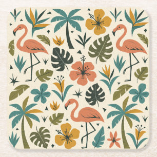 Porta-copo De Papel Quadrado Padrão de Flamingo Tropical e Palmeira