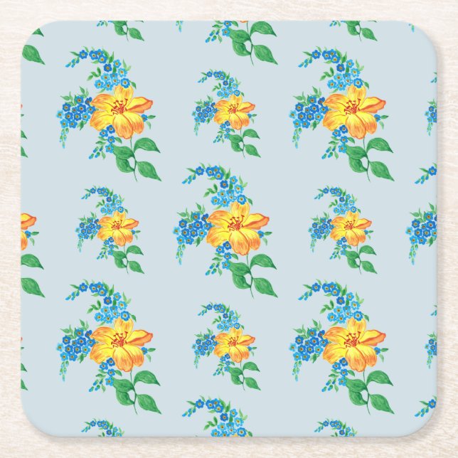 Porta-copo De Papel Quadrado Padrão de Flor Amarelo Simples (Frente)