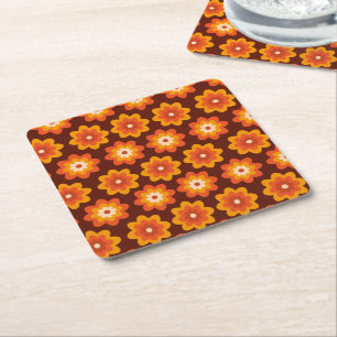 Porta-copo De Papel Quadrado Padrão de flor laranja boho hippie retrô dos anos 