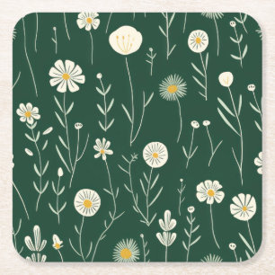 Porta-copo De Papel Quadrado Padrão de Flor Silvestre Elegante em Verde Escuro