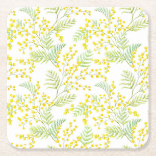 Porta-copo De Papel Quadrado Padrão de Flores Amarelo de Aquarela Mimosa