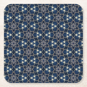 Porta-copo De Papel Quadrado Padrão de Flores Azul Meia-Noite