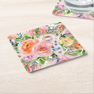 Porta-copo De Papel Quadrado Padrão de Flores de Rosa Laranja Amarelo Branco