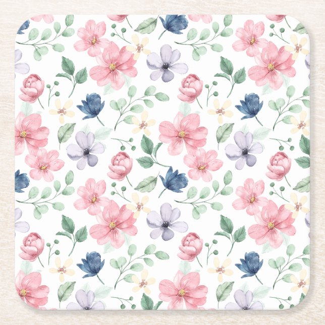Porta-copo De Papel Quadrado Padrão de Flores e Folhas de primavera (Frente)