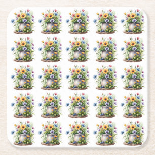 Porta-copo De Papel Quadrado padrão de flores laranja, rosa, amarelo e azul