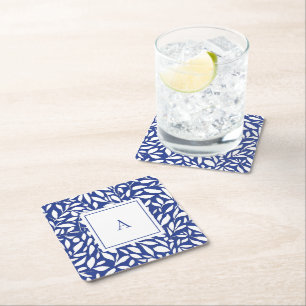 Porta-copo De Papel Quadrado Padrão de Folha de Monograma Azul e Branco