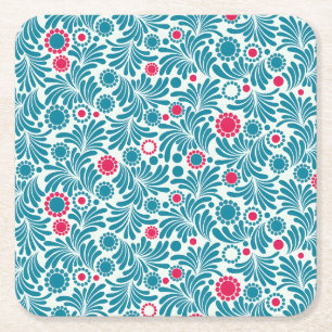 Porta-copo De Papel Quadrado Padrão de Folhagem Azul-turquesa e Magenta Elegant