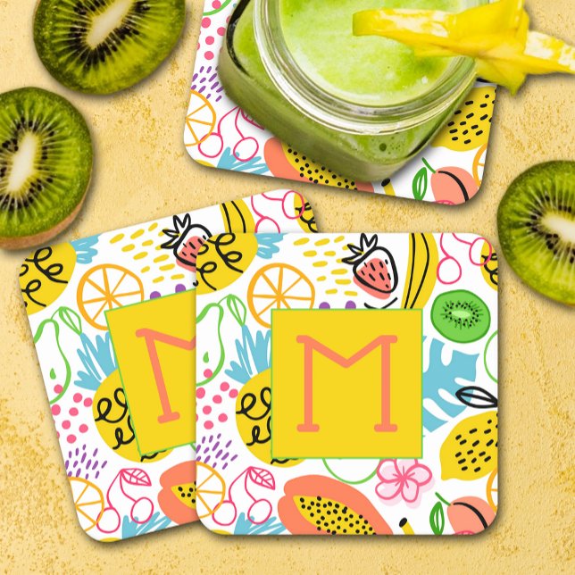 Porta-copo De Papel Quadrado Padrão de Fruta de Verão pintado à mão (Hand Painted Summer Fruit Pattern Square Paper Coasters)