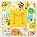 Porta-copo De Papel Quadrado Padrão de Fruta moderno<br><div class="desc">Sua inicial de monograma está representada nessas portas copos verdes pálidas que apresentam um padrão moderno de fruta de abacaxi,  peras,  laranjas,  cerejas,  mamão,  uvas,  quiwis e pêssegos. Você pode colocar este design em outros produtos também!</div>