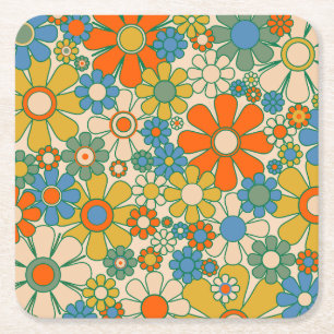 Porta-copo De Papel Quadrado Padrão de Groovy Floral 60s 70s