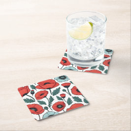 Porta-copo De Papel Quadrado Padrão de Ilustração das Flores de Papoila Vibrant