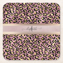 Porta-copo De Papel Quadrado Padrão de leopardo Monograma Rosa Dourado Preto  