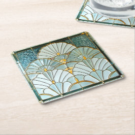 Porta-copo De Papel Quadrado Padrão de leque elegante em verde dourado Art Deco