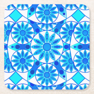 Porta-copo De Papel Quadrado Padrão de Mandala, azul de cobalto e turquesa