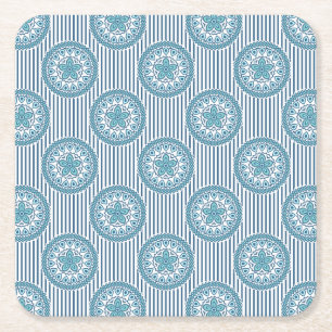 Porta-copo De Papel Quadrado Padrão de mandala azul sobre fundo listrado
