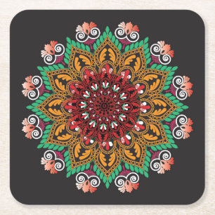 Porta-copo De Papel Quadrado Padrão de Mandala Floral Legal e Colorido