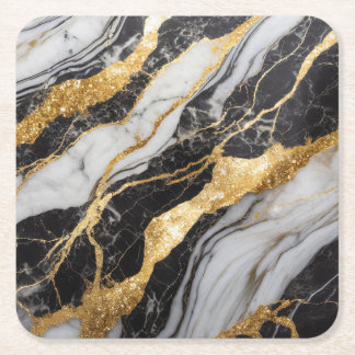 Porta-copo De Papel Quadrado Padrão de Mármore Preto e Branco com Ouro