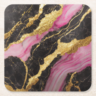 Porta-copo De Papel Quadrado Padrão de Mármore Preto Rosa com Ouro
