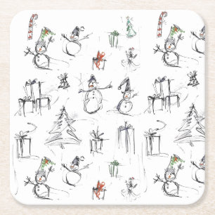 Porta-copo De Papel Quadrado Padrão de Natal bonito com Snowman, Tree e Gif