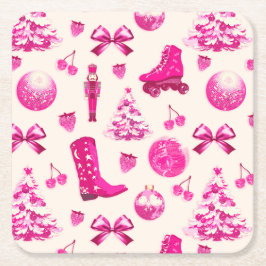 Porta-copo De Papel Quadrado Padrão de Natal Rosa-Rosa Bonito